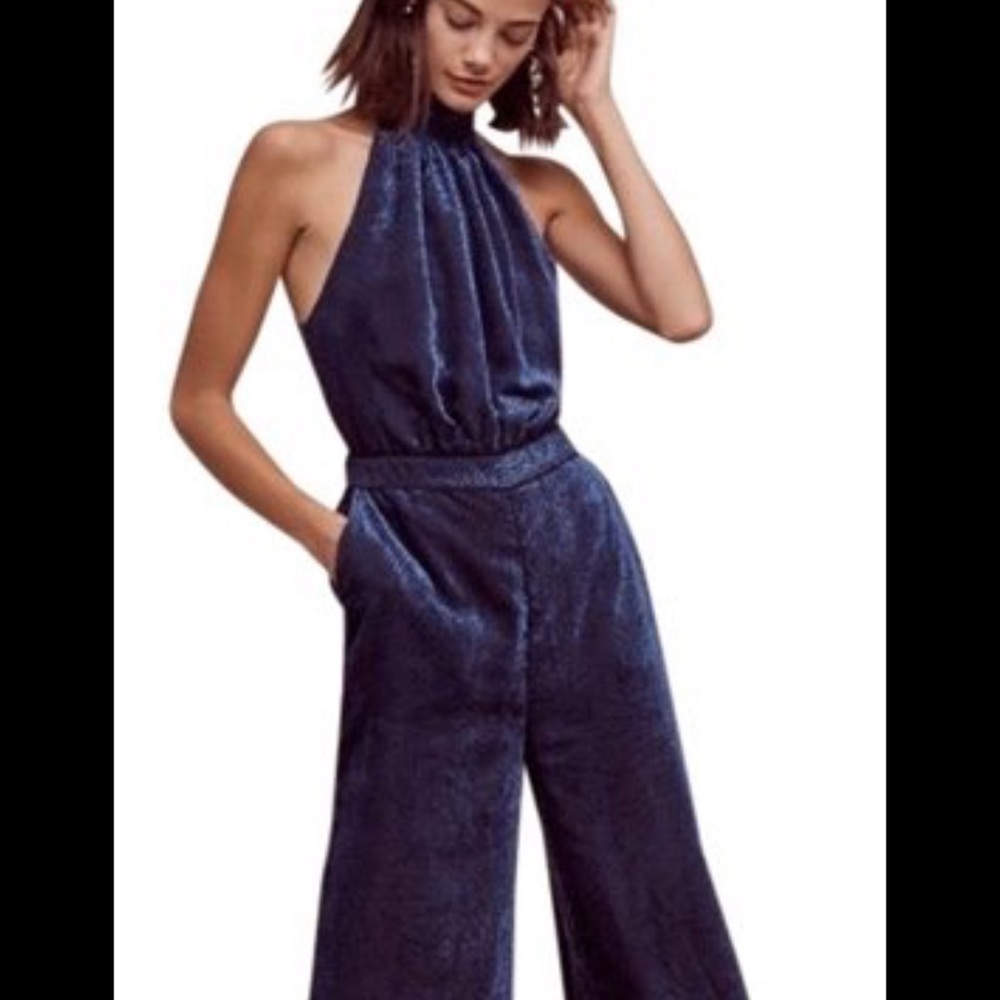 Anthropologie Elevenses Navy Sheer Crushed Velvet Sleeveless Jumpsuit Lined